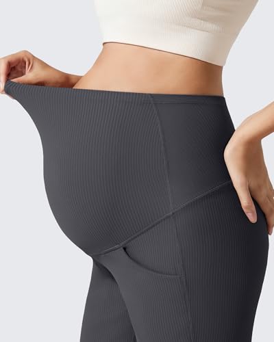 G4Free Ribbed Maternity Pants Yoga Flare Pregnancy Leggings Casual - color: Dark Gray, size: Small