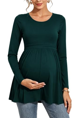 Women's Maternity Tops Short & Long Sleeve Pleated Waist Shirts Pregnancy Clothes - color: Deep Green, size: Medium