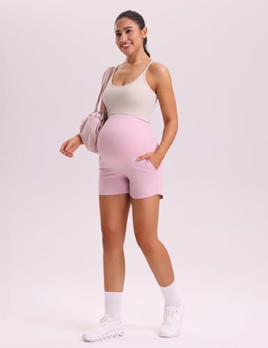 Mama Land Women's Maternity Athletic Shorts with Pockets, 4 Inch - color: Misty Pink, size: Large