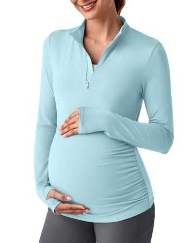 G4Free Lightbreeze Maternity Shirts Long Sleeve Quarter Zip Pregnancy Top - color: Light Blue, size: Large