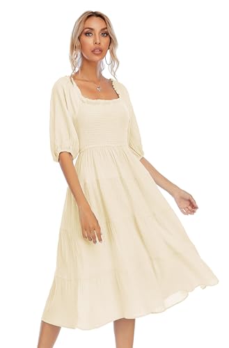 R.Vivimos Women's Cotton Off-Shoulder A-Line Midi Dresses - color: Beige, size: Small