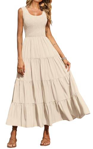 PRETTYGARDEN Women's Smocked Tank Casual Plain Maxi Sundress with Pockets - color: Apricot, size: Medium