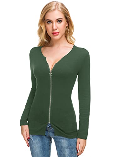 Afibi Women V Neck Zip Front Long Sleeve Casual Top Blouse Shirt/Cardigan - color: Green, size: Medium