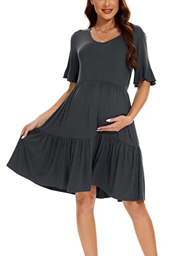 Smallshow Women's Maternity Dress Ruffle Short Sleeve Pregnancy Clothes - color: Dark Grey, size: Large