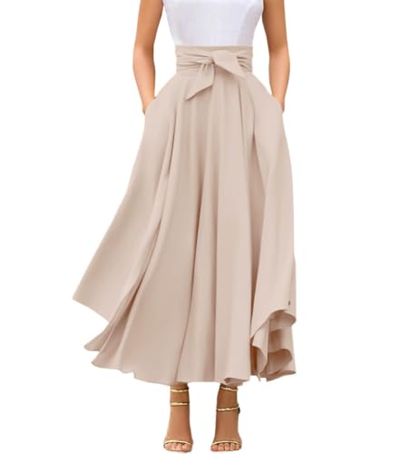 chouyatou Women's Elegant High Waisted Side Slit Irregular Bohemian Maxi Skirt with Pockets - color: Apricot, size: Large