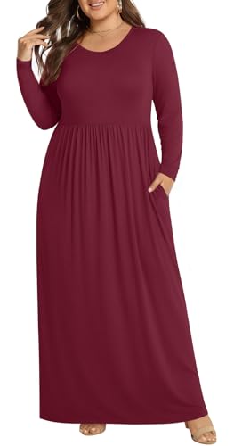 POPYOUNG Womens Plus Size Maxi Dresses Curvy Long Sleeve Fall Dress Outfits - color: 04-wine Red, size: 3X-Large