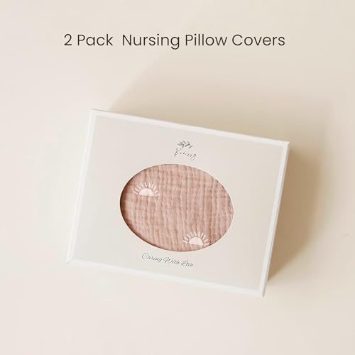 Konssy 2-Pack 100% Cotton Muslin Nursing Pillow Covers, Soft Cover for Baby - color: Brown Leaf, Pink Sun