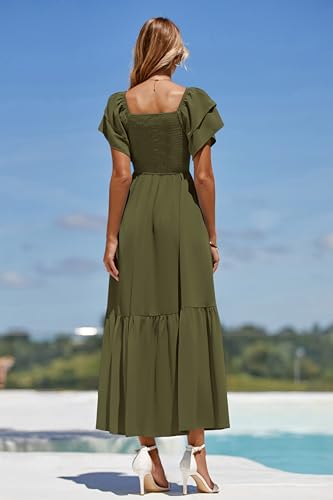 MASCOMODA Womens Summer Casual Smocked Flowy Midi Dress - color: Army Green, size: Small
