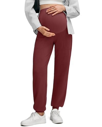 G4Free EverGoing Maternity Pants Over The Belly Pregnancy Joggers Workout - color: Wine, size: X-Large