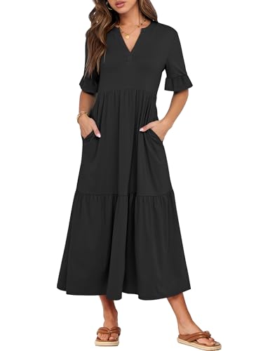 ANRABESS Womens Summer Casual Maxi Dresses Ruffle Short Sleeve Dress - color: Black, size: Medium