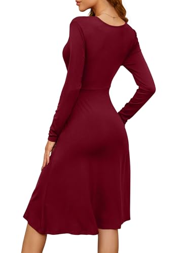 WEACZZY Women's Long Sleeve V Neck Casual Fall Dresses with Pockets - color: 01 Long Sleeve Wine Red, size: X-Large