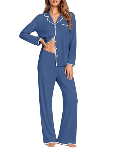 Ekouaer Pajamas for Women Set Long Sleeve Lounge Set Soft Button Down Pjs - color: Navy, size: X-Large