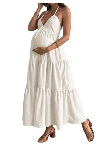 OYOANGLE Women's Summer Boho Maternity Dress Halter Flowy Baby Shower Dress - color: Apricot, size: Medium
