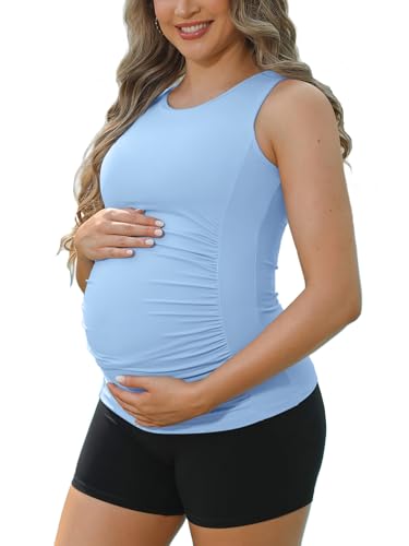 ATTRACO Women's Maternity Tank Tops with Built in Bra Side Ruched Sleeveless Pregnancy Tank - color: Blue, size: X-Large