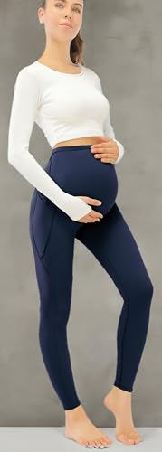 JOYSPELS Smooth Feeling Maternity Workout Leggings with Pockets Pregnancy Pants Over The Belly - color: Navy, size: X-Large