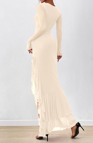BTFBM Women's Maxi Dresses Fall 2026 Long Sleeve Wedding Guest Dress - color: Beige, size: Small