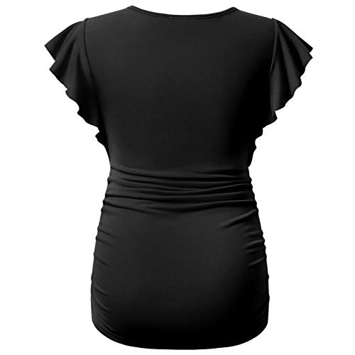 Bhome Maternity Tops Flying Shorts Sleeve Tshirt Side Ruched Pregnant Blouse Casual Pregnancy Tunic - color: Black, size: Medium