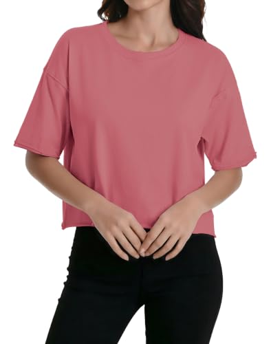 Women's Summer Short Sleeve Crop Tops Cotton Athletic Yoga Running T-Shirts - color: Brick Red, size: Medium