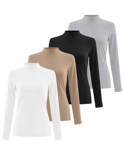 Xaatren 4 Pack Womens Long Sleeve Underscrubs Mock Neck Shirts - color: Black, Light Heather Gray, White, Khaki, size: Large