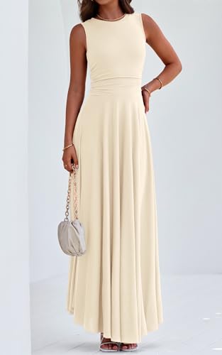 PRETTYGARDEN Womens Sleeveless Summer Dresses 2026 Flowy Aline Maxi Dress - color: Beige, size: Medium