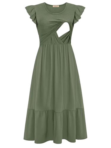 CzzzyL Women's Nursing Dress Flutter Sleeve Crew Neck Smocked Midi Pockets - color: Green, size: X-Large
