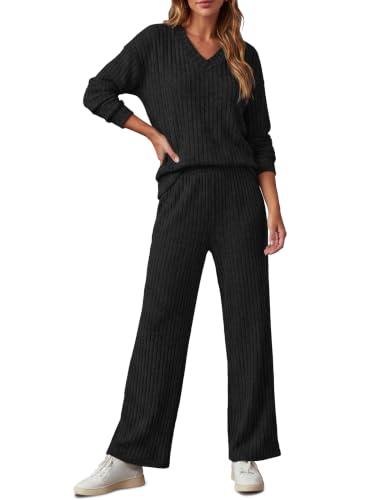 RUMIA Lounge Sets for Women Cozy Travel Matching Sweater Fall Outfits - color: Black, size: Large