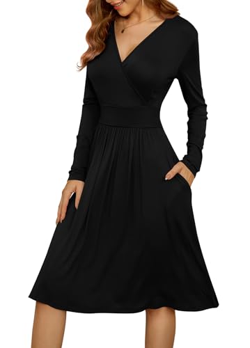 WEACZZY Women's Long Sleeve V Neck Casual Fall Dresses with Pockets - color: 01 Long Sleeve Black, size: Large