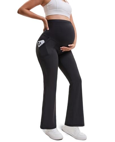 Women Maternity Flare Leggings with Pockets Over The Belly, Buttery Soft Pregnancy Yoga Work Pants - size: Medium