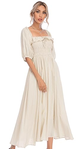 R.Vivimos Women Summer Cotton A Line Flowy Long Dresses - color: Beige#1, size: Medium