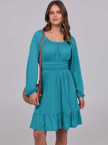 ANRABESS Women Long Lantern Sleeve Square Neck Fall Short Dress - color: Lake, size: Small