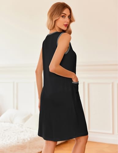 Ekouaer Nightgowns for Women Button Down Night Gown Sleeveless Sleep Shirt - color: Black, size: Medium