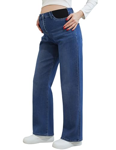 POSHGLAM Maternity Jeans Wide Leg Side Panel for Pregnancy & Postpartum, Comfy Stretch Denim Pants - color: Dark Blue, size: X-Large