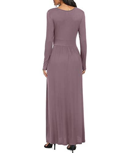 LILBETTER Women Long Sleeve Deep V Neck Loose Plain Long Maxi Casual Dress - color: Mauve, size: Large