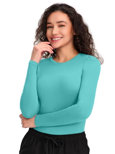 COZYFIT Underscrub Long Sleeve Women, Scrubs Undershirts, High Crew Neck - color: Aqua Blue, size: 3X-Large