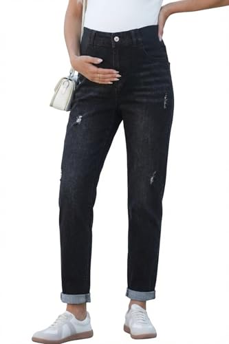 BLENCOT Maternity Jeans High Rise Stretchy Waistband Straight Leg - color: Black, size: Small