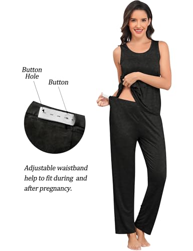 SWOMOG Maternity Nursing Robe Set 3 PCS Postpartum Breastfeeding Pajamas Lounge Hospital Pregnancy Pjs with Robe - color: Black Grey, size: Medium