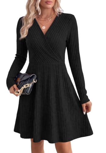 WIH0LL Womens Fall Dresses 2026 Long Sleeve Wrap Sweater Dress with Pockets - color: Black, size: Medium