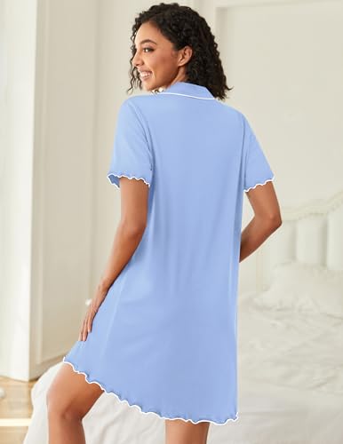 Ekouaer Cotton Nightgowns for Women Button Down Sleep Shirts Night Shirts - color: Light Blue, size: Medium