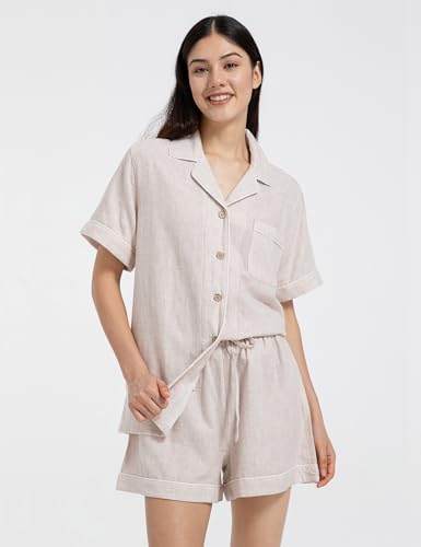 Womens Muslin Pajama Sets 100% Cotton Double Gauze Linen Like Short Pjs - color: Heathered Beige, size: X-Large