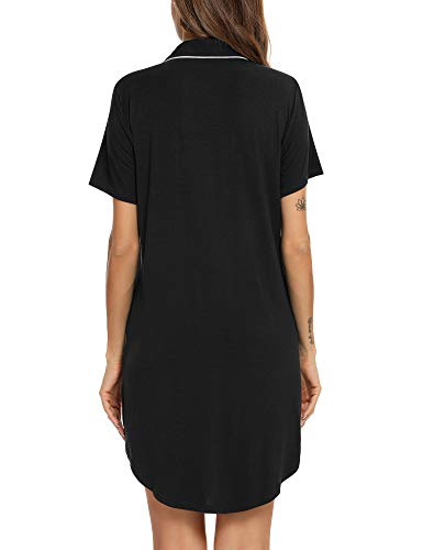 Senert Nightgowns for Women Button Down Sleeve Sleep Shirt Night Gowns - color: Black, size: Large