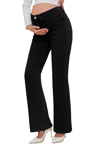PACBREEZE Women's Maternity Flare Jeans Mid-Rise Stretchy Bell Bootcut Jeans Denim Pregnancy Pants, S-XXL - color: 04: Black, size: Medium