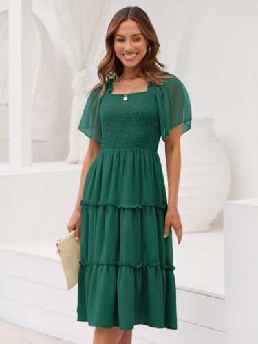 LILLUSORY Women Tiered Flutter Sleeve Square Neck Smocked Midi Dress - color: Emerald Green, size: Medium