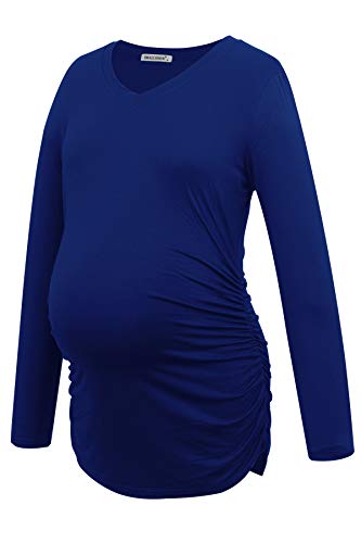 Smallshow Women's V-Neck Maternity Shirt Clothes Long Sleeve Ruched Pregnancy Top - color: Black-light Grey-navy(3 Pack), size: X-Large