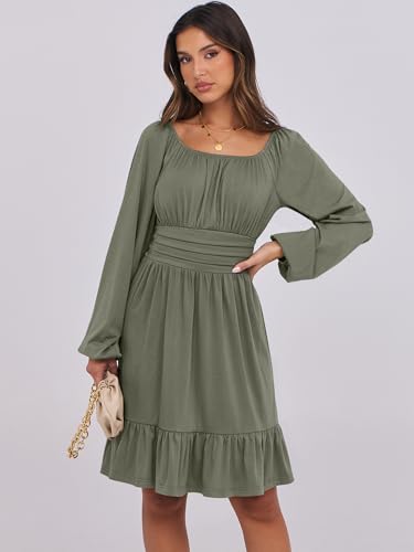 ANRABESS Women Long Lantern Sleeve Square Neck Fall Short Dress - color: Army Green, size: XX-Large
