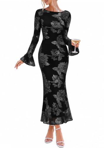 MEROKEETY Women's Floral Wedding Guest Cocktail Maxi Dress - color: Black, size: Medium