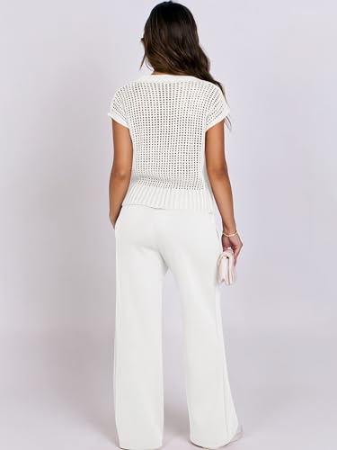 ANRABESS Women Two Piece Outfits Crochet Lounge Matching Travel Sets - color: White, size: Medium