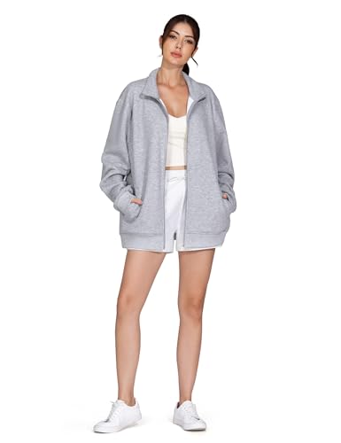 THE GYM PEOPLE Women's Oversized Zip Up Sweatshirts Fleece Mock Neck Jacket - color: Heather Grey, size: Medium