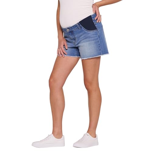 Motherhood Maternity Women's Under the Belly Cutoff Denim Pregnancy Shorts with Side Elastic Panel Insets - color: Lily Wash, size: Medium