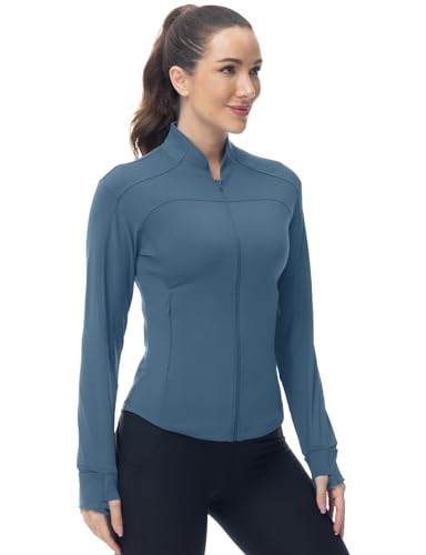 Gopune Women's Workout Athletic Jacket Lightweight Zip Up Yoga Slim Fit Tops with Pockets - color: Grey Blue, size: X-Large