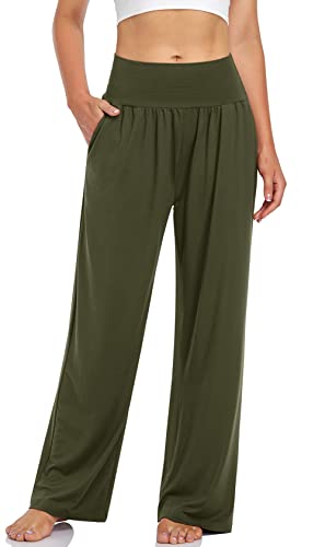 UEU Women's Wide Leg Lounge Pants High Waisted Casual Pants with Pockets - color: Army Green, size: Medium
